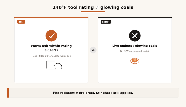 Diagram showing 140°F ash-vac rating is not the same as safe glowing embers